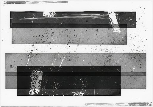 Abstract Black and White Monotype Print with Textured Geometric Rectangles and Ink Splatters for Contemporary Art