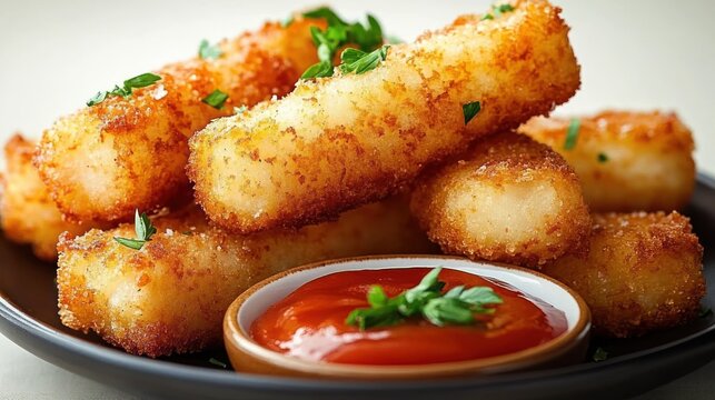 golden crispy fried cheese sticks piled on a plate with tangy red dipping sauce and fresh parsley, tempting and comforting