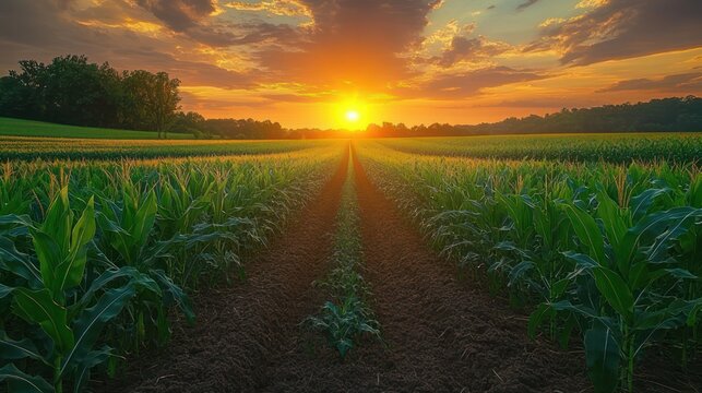 Golden sunset over a young cornfield with converging rows and a central dirt path, peaceful warm light and dramatic clouds