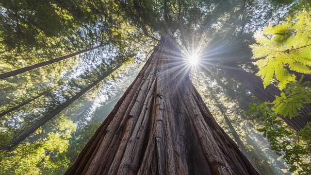Tall forest trees viewed from ground with sunlight shining through