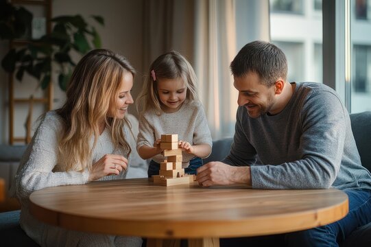 Parents and young child building a wooden block tower on a round table in a cozy living room, focused and joyful family playtime by the window