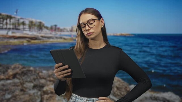 Woman holds tablet and swipes screen with right hand, hair tuck gesture, standing by seaside backdrop in studio; contemplation study.