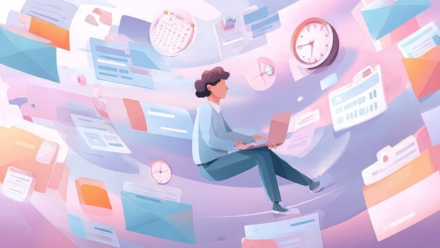 Modern flat illustration of a multitasking person managing calendars, emails, and documents in a productive remote work environment.
