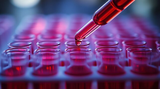 Close-up of a pipette releasing a red drop into a multiwell plate, precise laboratory experiment evoking concentration and clinical focus