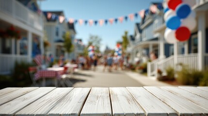 Obraz premium Empty white wood table with blurred Independence Day celebration background for product placement, Rustic white table foreground with patriotic red white and blue street party, Americana street