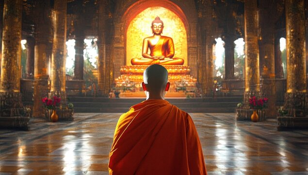 Solitary monk in orange robe gazing at illuminated golden buddha statue inside an ornate temple, conveying serene reverence and peaceful contemplation