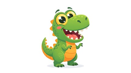Fototapeta premium Cartoon Green Dinosaur Smiling with Big Head in White Background