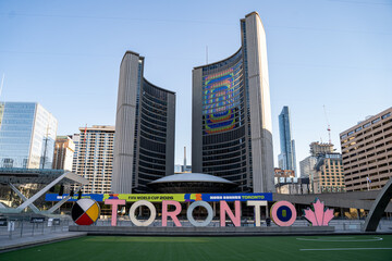 Naklejka premium View of Nathan Phillips Square decorated for FIFA World Cup 2026. Toronto, Canada - May 12, 2026.