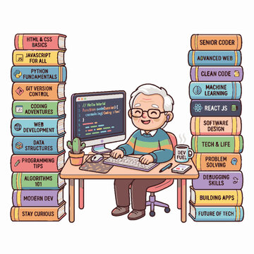 A senior software developer working at a desk surrounded by a tall stack of programming books.