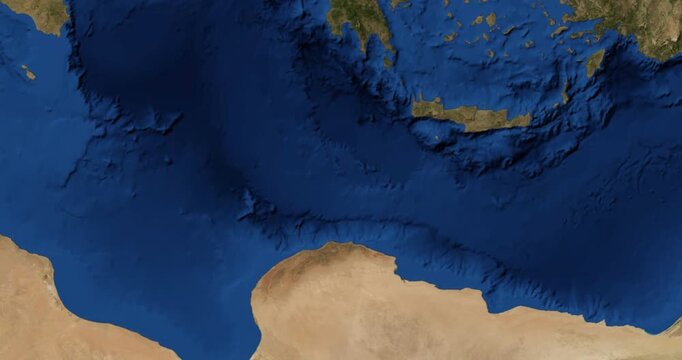 Crete on Globe. Zoom into the island with Earth spinning in space. High detail physical world map with Crete on it. Elements of this image furnished by NASA.