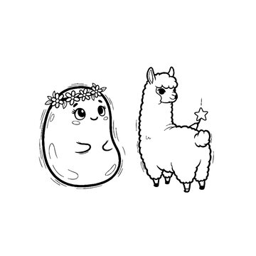 Smiling bean with flower crown and alpaca holding magic wand