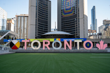 Naklejka premium View of Nathan Phillips Square decorated for FIFA World Cup 2026. Toronto, Canada - May 12, 2026.