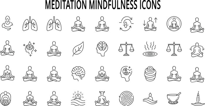 Meditation Mindfulness Line Icons Set With Yoga Breathing Balance Wellness Brain Relaxation And Mental Health Vector