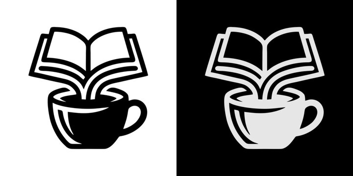 Clean line art icon of an open book transforming into a coffee cup, embodying the fusion of knowledge, relaxation, and the stimulating joy of reading and drinking