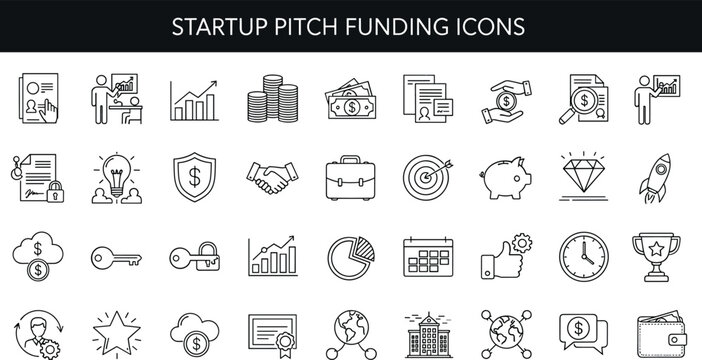 Startup Pitch Funding Line Icons Set With Investment Finance Growth Business Planning And Investor Strategy Vector
