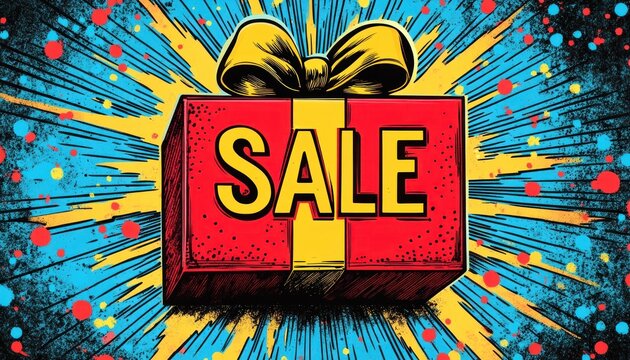 Vibrant comic-style red gift box with yellow ribbon and bold 'SALE' lettering against an explosive blue and yellow burst background, conveying energetic celebratory excitement