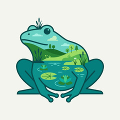 Fototapeta premium Creative stylized frog illustration featuring a pond ecosystem inside its body.