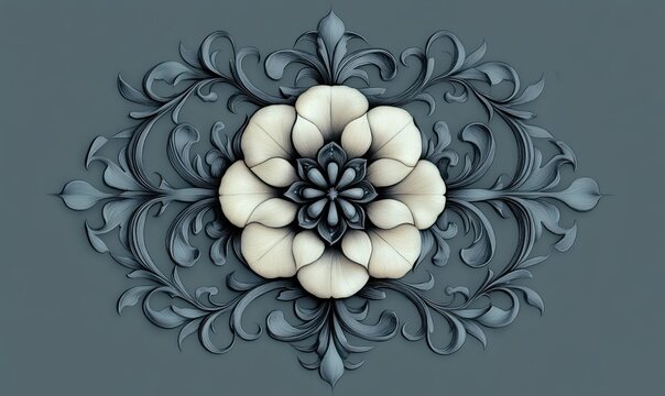 symmetrical ornamental medallion with layered cream flower, dark teal filigree scrolls and curling leaves on a muted gray-teal background, elegant and serene