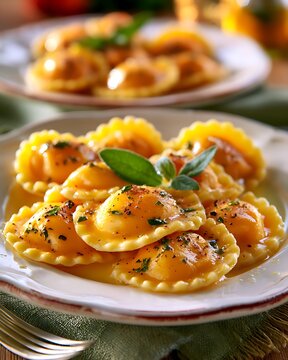 Tortelli di zucca pumpkin ravioli with butter and sage on a plate