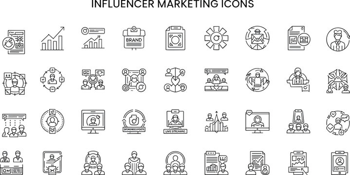 Influencer Marketing Line Icons Set With Brand Promotion Social Media Strategy Analytics And Online Collaboration Vector