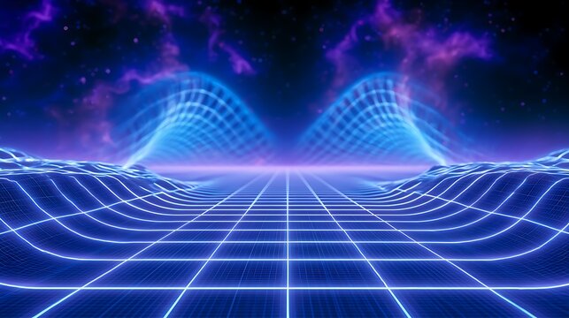 Retro futuristic neon tron grid landscape with glowing blue waves
