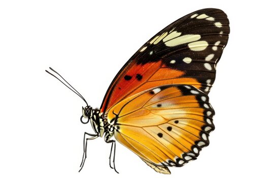 Plain Tiger Butterfly Isolated on White Background - Danaus chrysippus African Monarch Side View Macro Photography
