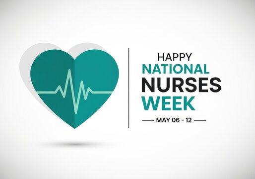 Happy National Nurses Week Greeting Card with Heart and Heartbeat Line Graphic Design on White Background