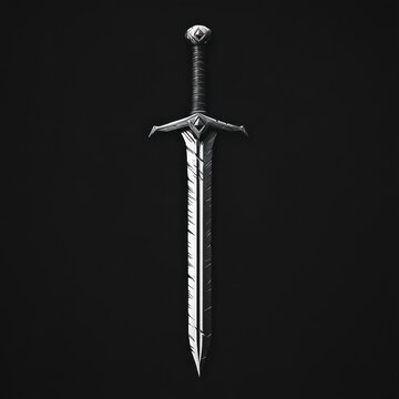 single ornate steel longsword with detailed crossguard, wrapped hilt and pommel centered on black background, dramatic austere mood