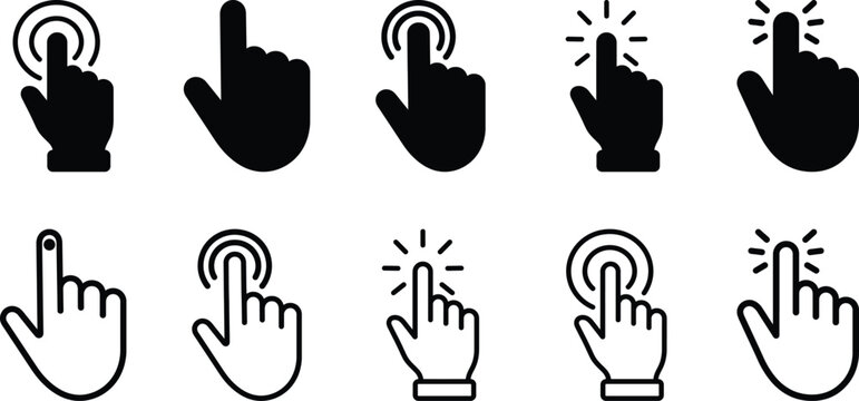 "Touch Interaction Hand Icons - Filled and Outline Finger Press Button Click Gesture Symbols for Mobile Web App Interface Vector Set"
