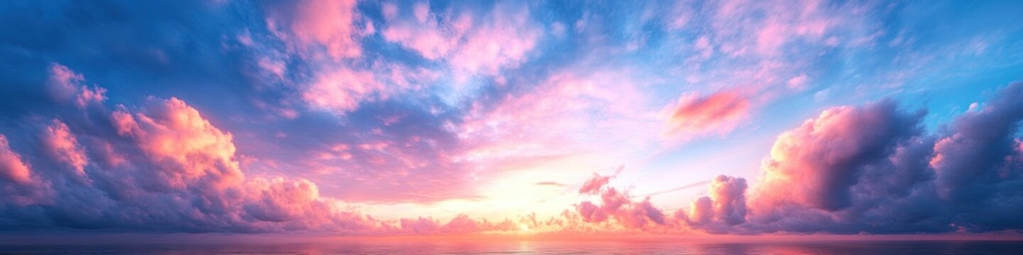 Vast pastel sunrise over calm open ocean with dramatic pink and blue clouds reflected on tranquil water, evoking serene awe and peaceful calm