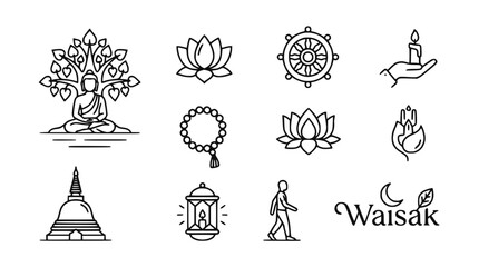 Fototapeta premium Buddhist Icons Collection: Buddha, Lotus, Dharma Wheel, Stupa, Candle, Prayer Beads, Wesak