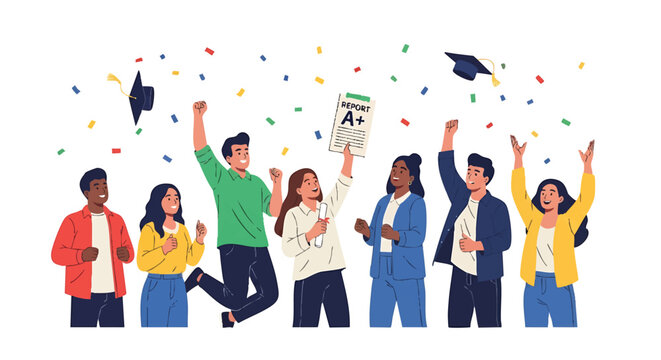 Diverse group of students celebrating graduation with A grades and throwing caps in the air.