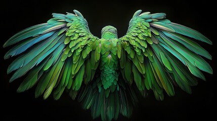 Obraz premium majestic green parrot from behind with fully outstretched layered wings, vibrant teal and emerald feathers against a dramatic black background evoking grace and power
