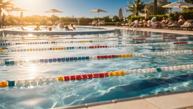 Wide medium shot of outdoor aquatic complex showing detailed lane dividers in focus gently blurred kiddie pool and sunbathing zones reflecting summer vibes.