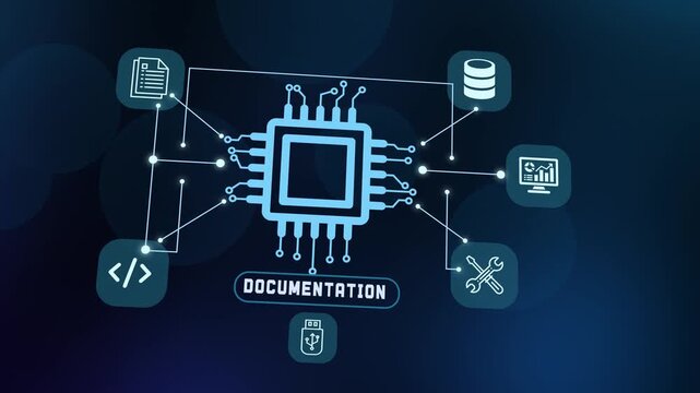 Technical documentation and system specification concept showing data manual guidelines linked to a network processor core.