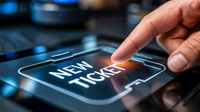 Finger touching new ticket button on futuristic digital touchscreen interface