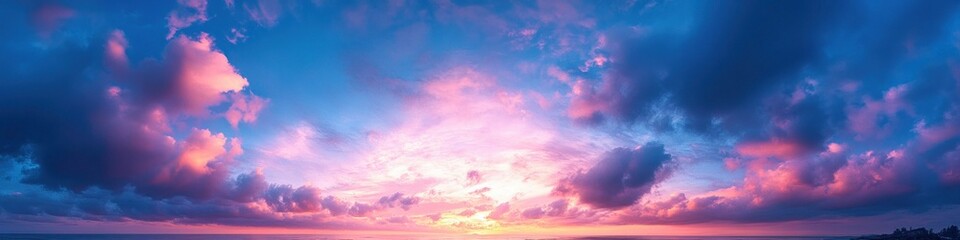Obraz premium Panoramic vibrant pink and purple clouds over a calm ocean horizon at sunrise, a serene and awe-inspiring sky