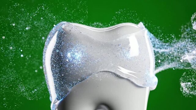 Detailed Rendering of a Tooth Surface with Sparkling Dental Treatment Overlay on a Vibrant Green Background