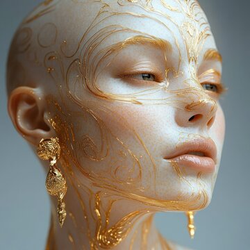 serene bald portrait with ornate gold filigree earrings and decorative gold body paint conveying elegance and luxury