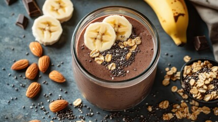 Fototapeta premium creamy chocolate banana smoothie in a jar topped with banana slices, oats, chia seeds and almonds evoking a cozy indulgent breakfast moment