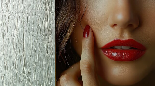 person peeking from behind a textured light wall, brown hair and partial face visible with a hand near cheek, shy curious mood