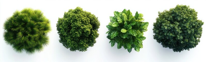 Fototapeta premium aerial top down view of four round green shrubs and leafy plants arranged in a row on a white background, fresh serene natural composition