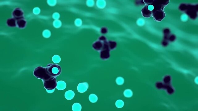 Dynamic Molecular Structure Animation In Fluid Environment Showcasing Colorful Interactions And Scientific Visualization
