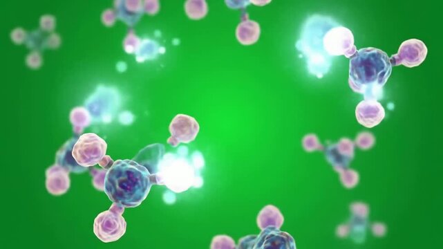 Dynamic Molecular Structures in Motion Against a Vibrant Green Background Illustrating Chemistry and Biology Concepts