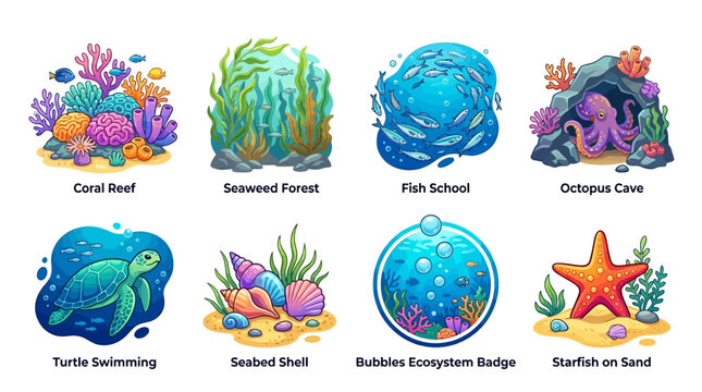 Vector illustration of a vibrant underwater scene featuring a coral reef, seaweed forest, fish school, and octopus cave with marine life.