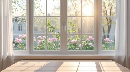 Fototapeta premium empty table top with white window and spring background