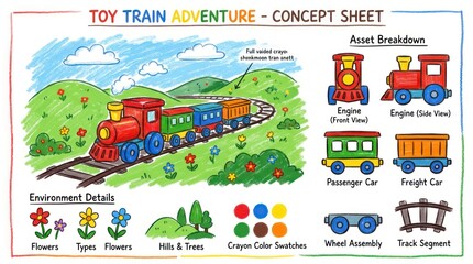 Fototapeta premium Colorful Toy Train Adventure Concept Sheet with Detailed Illustrations and Elements.