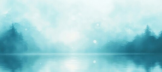 Fototapeta premium misty turquoise lake at dawn with silhouetted pine trees and calm reflective water, serene and dreamlike atmosphere