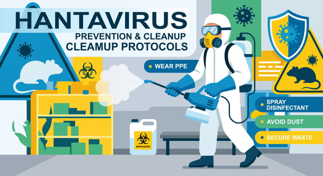 
Version 1: Detailed Description (5 to 7 Clauses)
An educational vector illustration showcasing hantavirus prevention and cleanup protocols. A person wearing full protective PPE suit spraying disinfec