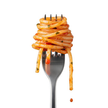 Fork with spiral pasta and sauce isolated on transparent background